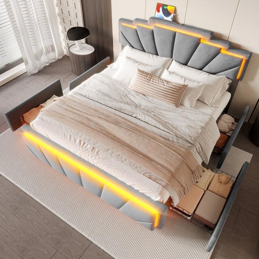 Sweiko Tweepersoonsbed 160x200 cm LED-verlichtings Verstelbaar hoofdeinde USB Type-C 4 lades Grijs