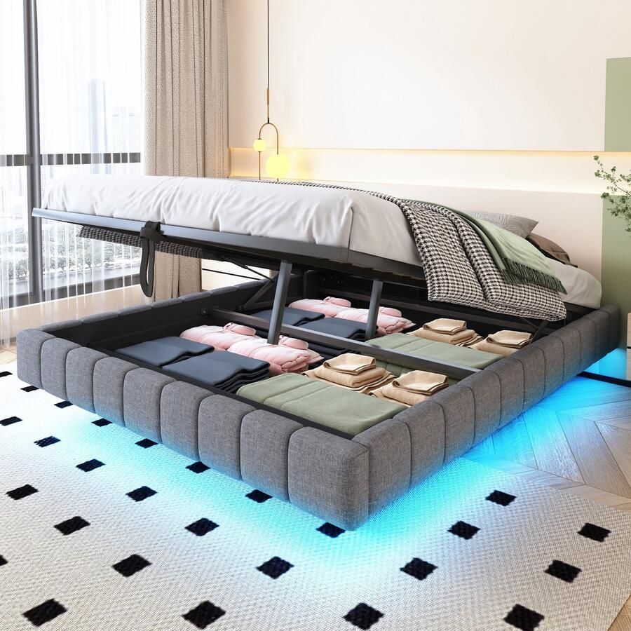 Sweiko Tweepersoonsbed 160x200 cm Met opbergruimte Hydraulisch zwevend bedframe LED verlichting Zonder hoofdbord Linnen Grijs