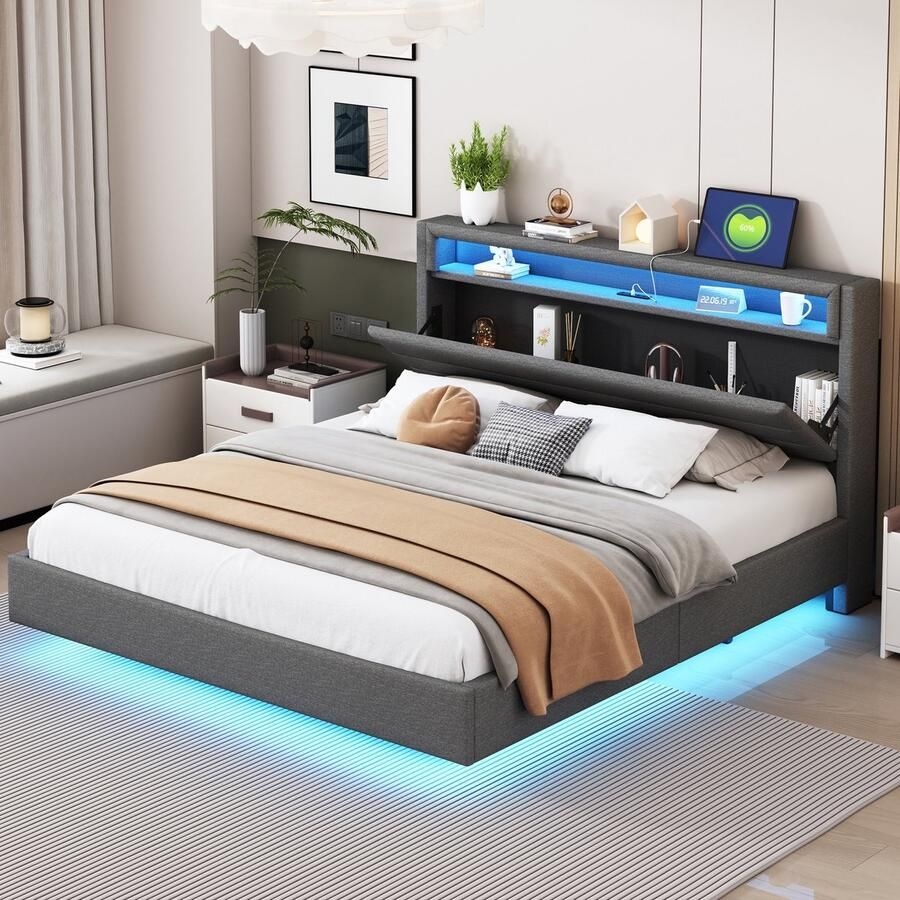 Sweiko Tweepersoonsbed 160x200 cm USB-poort LED-verlichting Linnen Zwevend bed Grijs