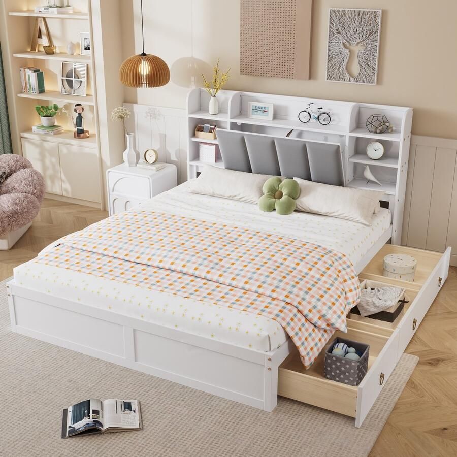 Sweiko Tweepersoonsbed 160x200cm 3 laden Opbergvak Dennenhouten bedframe Wit + grijs