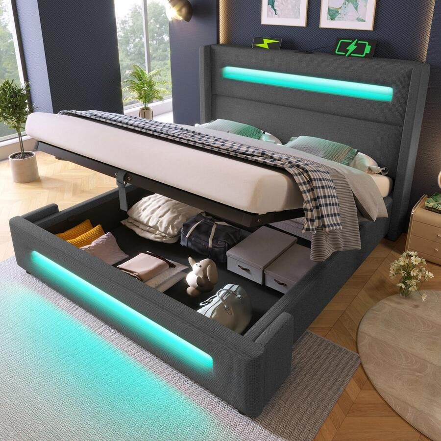 Sweiko Tweepersoonsbed 180 x 200 cm LED-verlichting Opbergruimte USB Type-C Linnen Grijs