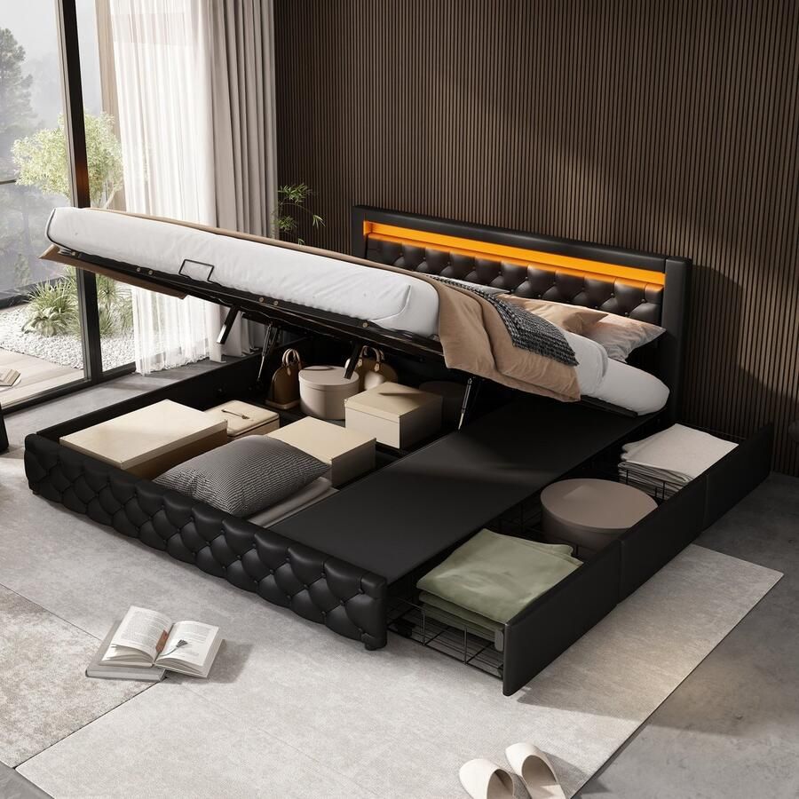 Sweiko Tweepersoonsbed 180 x 200 cm met Lattenbodem + Opbergruimte met Laden LED-strip PU-materiaal Zwart