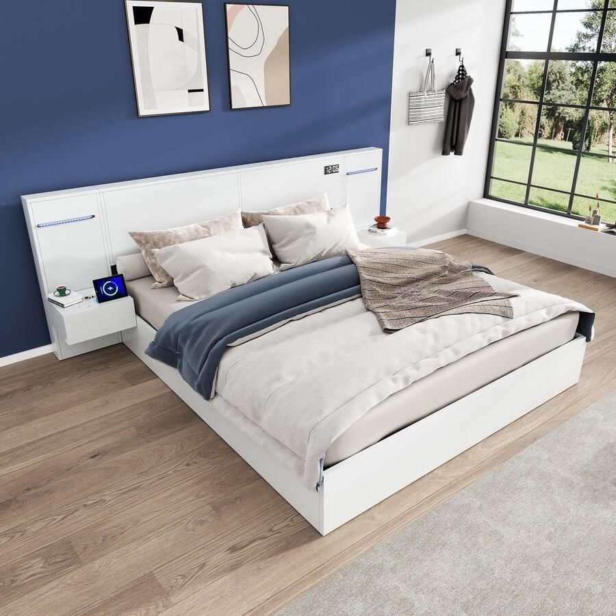 Sweiko Tweepersoonsbed 160*200 cm met USB-poort + elektronische klok + Bluetooth speaker + kleurrijke lichtstrip 2 nachtkastjes zonder matras wit