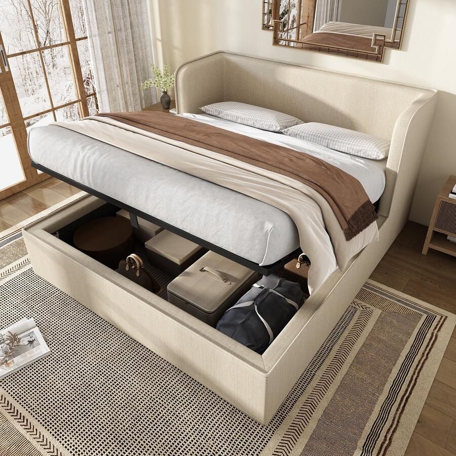 Sweiko Tweepersoonsbed 180×200cm Hydraulische opbergruimte Afneembare hoes Linnen Zonder matras Beige