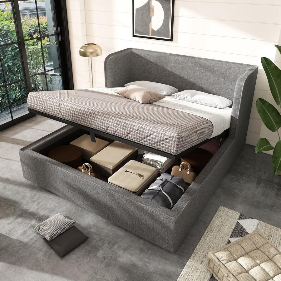 Sweiko Tweepersoonsbed 180×200cm Hydraulische opbergruimte Afneembare hoes Linnen Zonder matras Grijs