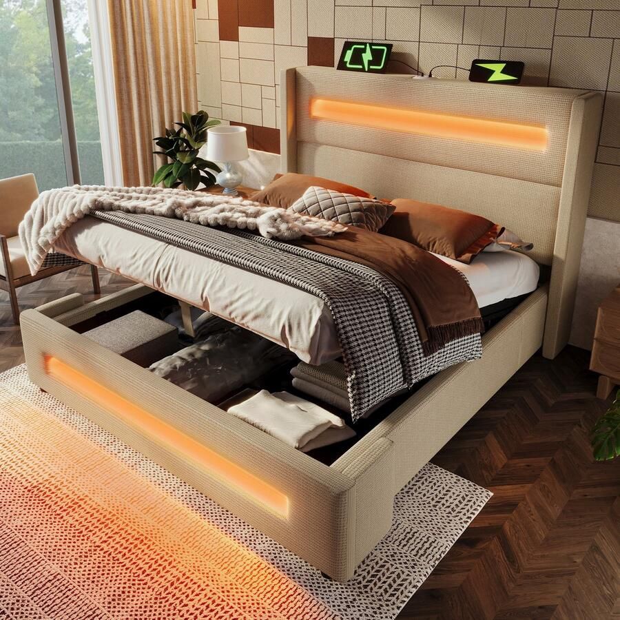 Sweiko Tweepersoonsbed 180x200 cm LED verlichting Opbergruimte Oplaadfunctie Linnen Beige