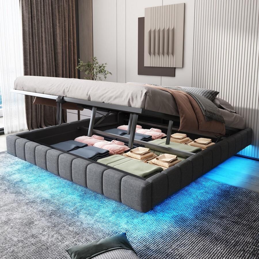Sweiko Tweepersoonsbed 180x200 cm Met opbergruimte Hydraulisch zwevend bedframe LED verlichting Zonder hoofdbord Linnen Grijs