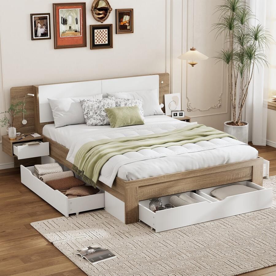 Sweiko Tweepersoonsbed beddengoed met 2 LED Nachtkastjes Paneelbed met meerdere lades MDF spaanplaat Wit en beige 140x200cm