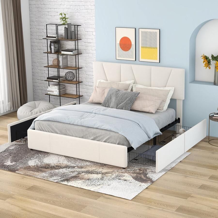 Sweiko Tweepersoonsbed Gestoffeerd bed Gestoffeerd Plateau bed met 4 laden aan 2 zijden Verstelbaar hoofdeinde Beige 140*200cm