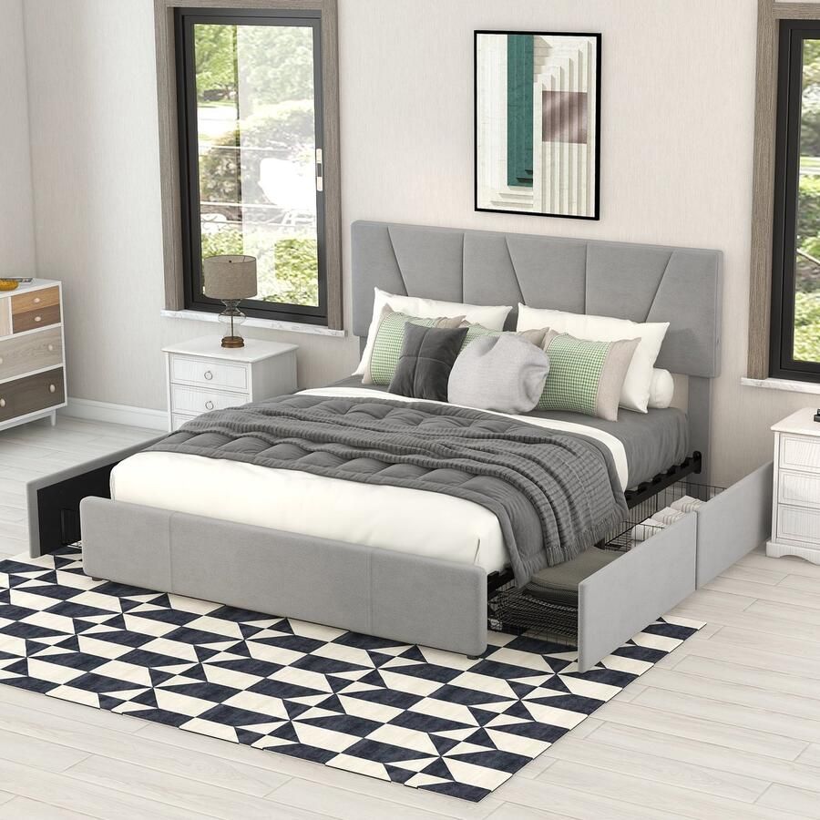 Sweiko Tweepersoonsbed Gestoffeerd bed Gestoffeerd Plateau bed met 4 laden aan 2 zijden Verstelbaar hoofdeinde Grijs 140*200cm