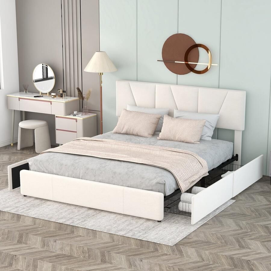 Sweiko Tweepersoonsbed Gestoffeerd bed Gestoffeerd Plateau bed met 4 laden aan 2 zijden Verstelbaar hoofdeinde Beige 160*200cm