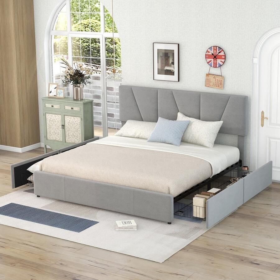 Sweiko Tweepersoonsbed Gestoffeerd bed Gestoffeerd Plateau bed met 4 laden aan 2 zijden Verstelbaar hoofdeinde Grijs 160*200cm