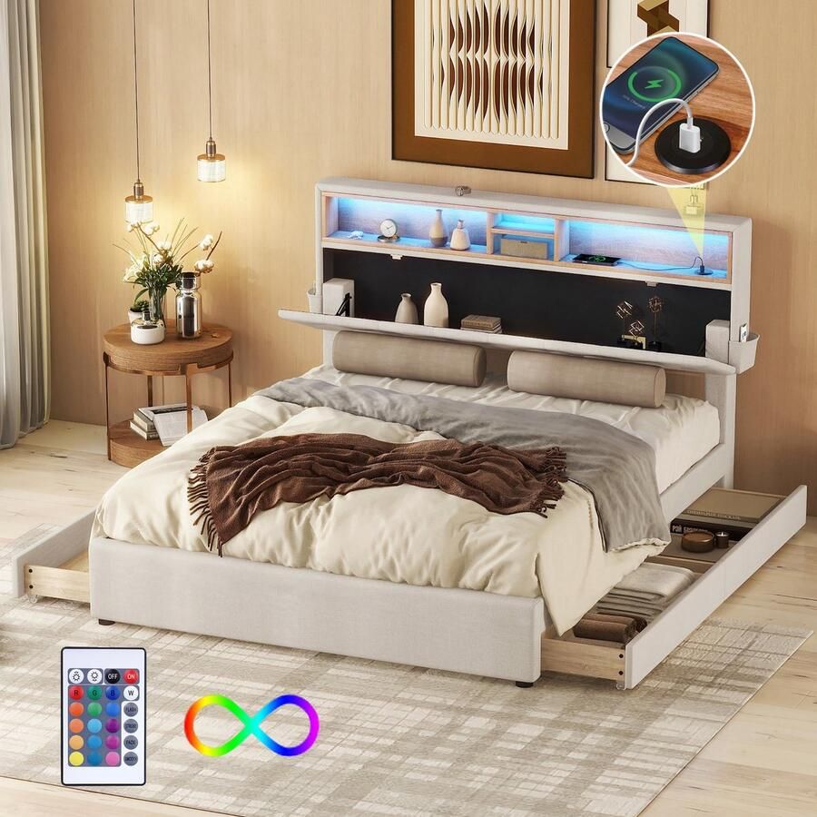 Sweiko Tweepersoonsbed Gestoffeerd bed Opbergruimte Hoofdeinde bed met USB-oplading en LED-verlichting Functioneel bed met 4-laden Verstelbaar hoofdeinde Beige 140 x 200 cm