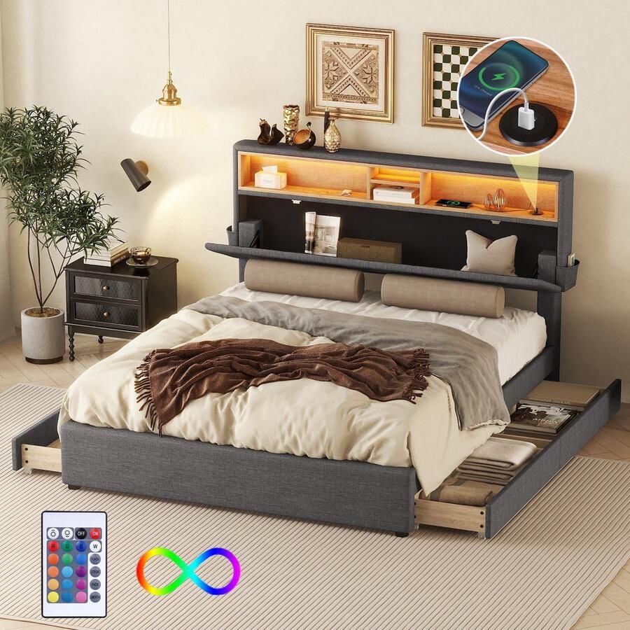 Sweiko Tweepersoonsbed Gestoffeerd bed Opbergruimte Hoofdeinde bed met USB-oplading en LED-verlichting Functioneel bed met 4-laden Verstelbaar hoofdeinde Grijs 140 x 200 cm