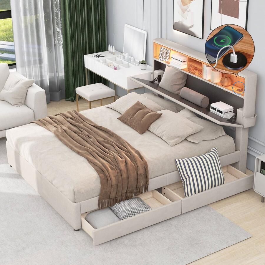 Sweiko Tweepersoonsbed Gestoffeerd bed Opslag hoofdbord Bed met oplaadbare USB- en LED-verlichting Functioneel bed met 2-lades Verstelbaar hoofdeinde Beige 140x200cm