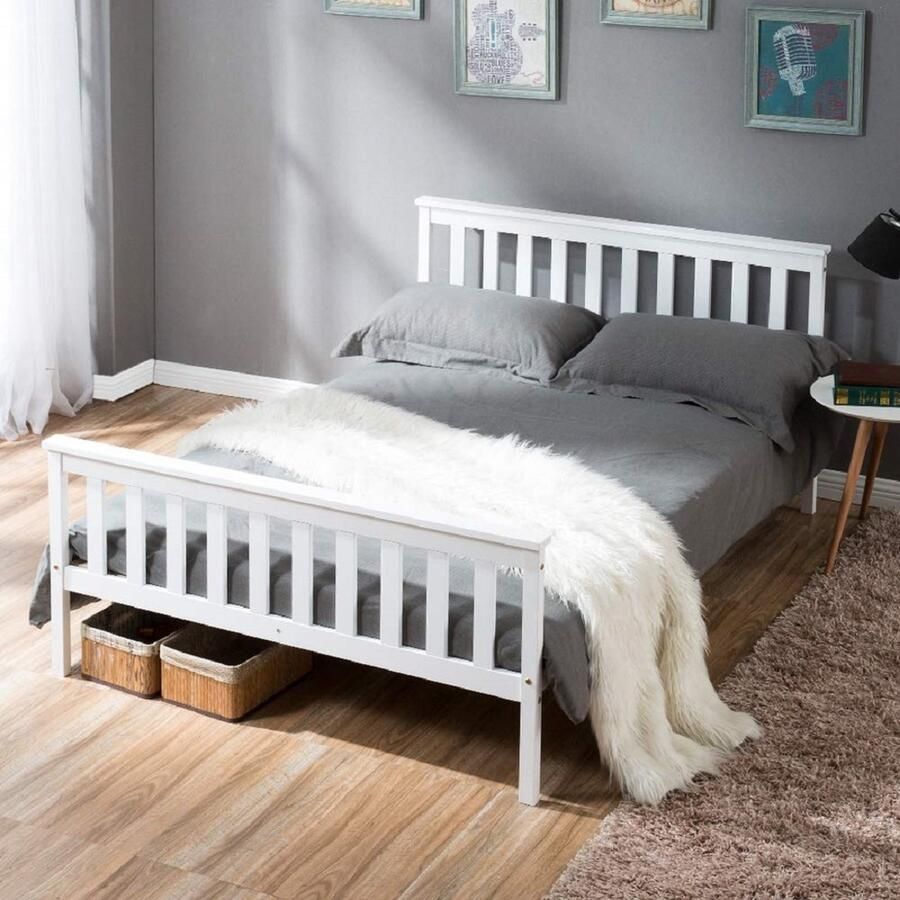 Sweiko Tweepersoonsbed Houten bed 140 x 200 cm Massief Houten bed met plat noedelsframe kinderen jeugddennenbed Wit eenvoudig