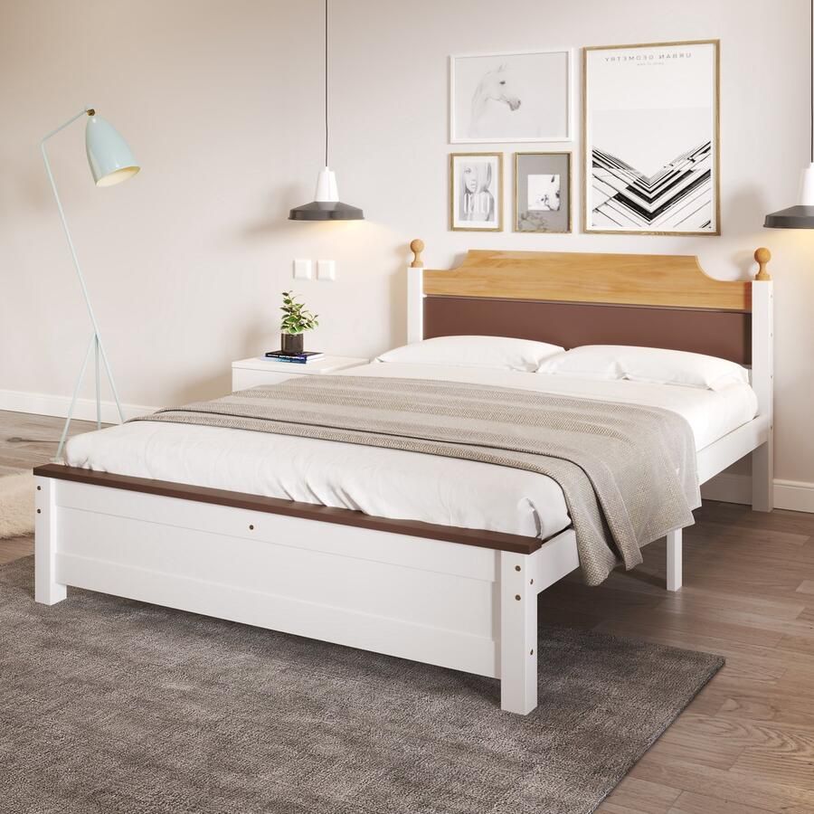 Sweiko Tweepersoonsbed Houten bed Dennenframe met Middenvoet Jeugdbed volwassen bed met MDF hoofdeinde en voetsteun kleur geblokkeerd Wit 140x200 cm(Geen matras)