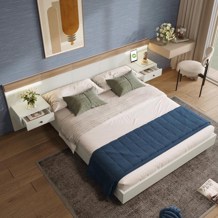 Sweiko Tweepersoonsbed met 2 LED nachtkastjes en USB-C aansluiting 180 x 200 cm slaapkamerset 205x284x90 5 cm Wit