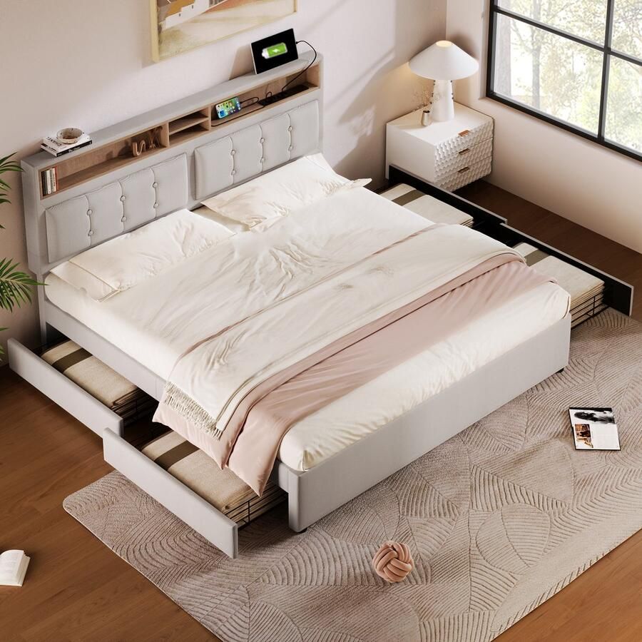 Sweiko Tweepersoonsbed met 4-lades en USB Type-C Stopcontact Kussen 160x200cm in hoogte verstelbaar hoofdeinde houten onderstel Beige (Zonder matras)