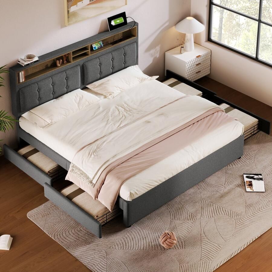 Sweiko Tweepersoonsbed met 4-lades en USB Type-C Stopcontact Kussen 160x200cm in hoogte verstelbaar hoofdeinde houten onderstel Grijs (Zonder matras)