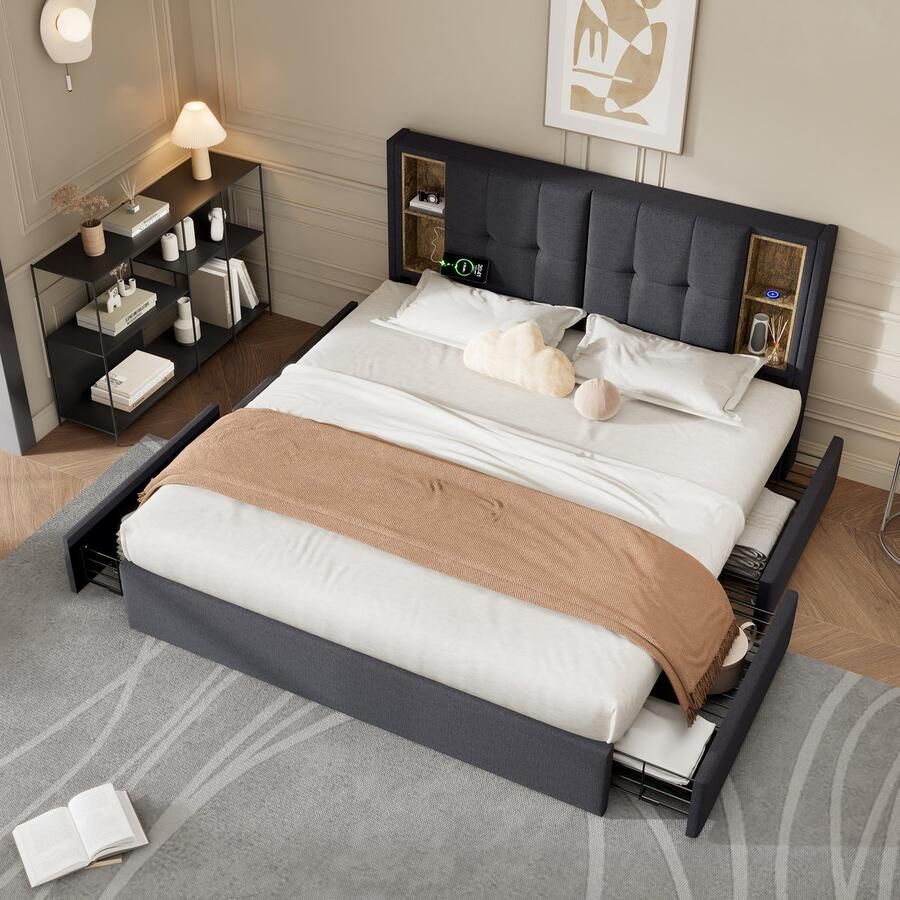 Sweiko Tweepersoonsbed met draadloos opladen USB Type-C&4 laden Gestoffeerd bed 160x200cm Lattenvoet in hout-grijs fluweel (Zonder matras)