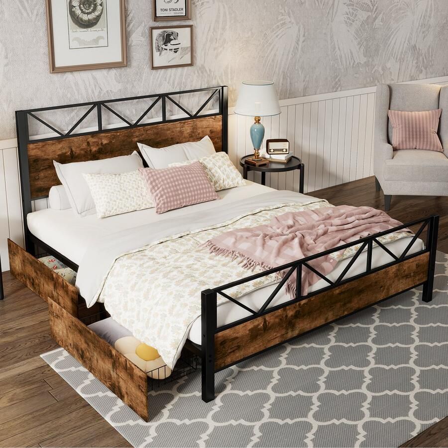 Gutent Kinderbed Zwart + Walnoot (Zonder matras) Vintage Twee laden op wieltjes Metalen frame metaal + MDF 140x200 cm geschikt voor adolescenten en volwassenen