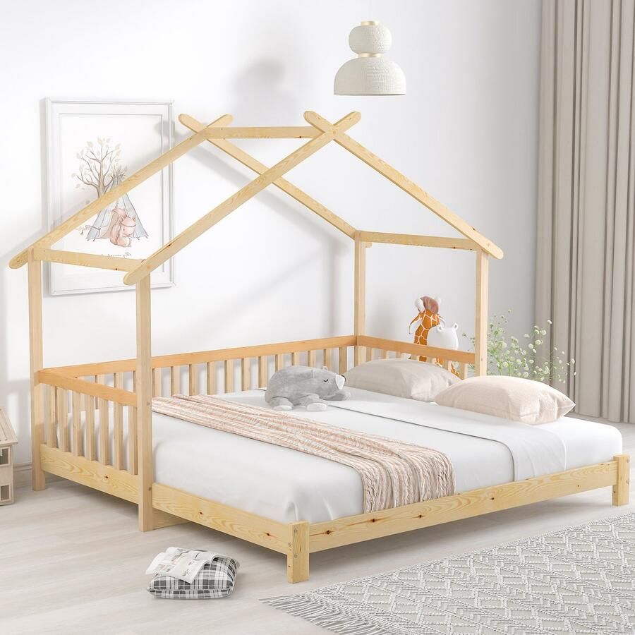 Sweiko Uitbreidbaar boomhut bed huisbed Kinderbed Bedbank dagbed een- en tweepersoonsbed puur massief hout Natuurlijk (200x90 180cm)