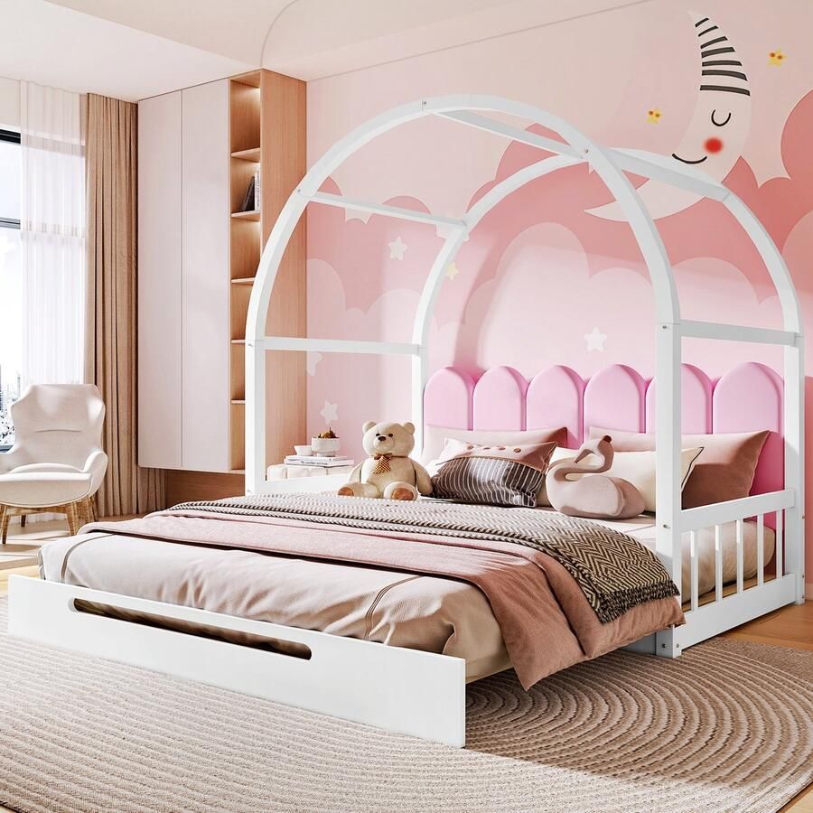 Sweiko Uitbreidbaar Gebogen Dakbed Schuifbed Kinderbed Slaapbank Tweepersoonsbed Fluwelen kussen dennenframe Wit+Roze (140x100cm en 140x200cm)(Geen matras)