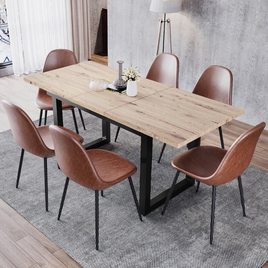 Sweiko Uitbreidbare eettafel Industriële stijl eettafel Rechthoekige eettafel Koffievrijetijdstafel Moderne en minimalistische ijzeren eettafel ruimtebesparende multifunctionele eettafel eiken uiterlijk+Zwart(Zonder stoelen)