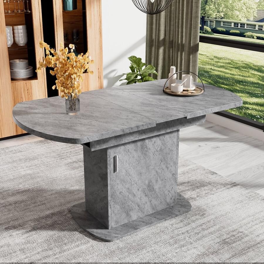 Sweiko Uitbreidbare Ovale Eettafel L110 130xW70xH75cm Eettafel met Opbergruimte Casual salontafel moderne minimalistische eettafel ruimtebesparende multifunctionele eettafel Beton Uiterlijk+Zilveren Handvat
