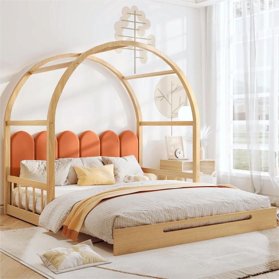 Sweiko Uitschuifbaar gewelfd dakbed Schuifbed Kinderbed dagbed Tweepersoonsbed fluwelen kussen dennenframe Natuurlijk en oranje (100x140cm&140x200cm)