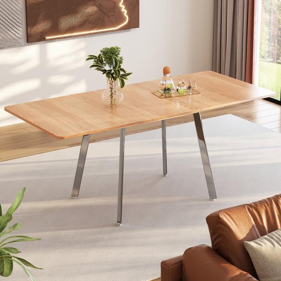 Sweiko Uitschuifbare eettafel 140 cm x 80 cm uitschuifbaar tot 180 cm sterke legering geschikt voor 4-6 personen naturelkleurig tafelblad en zilverchromen poten