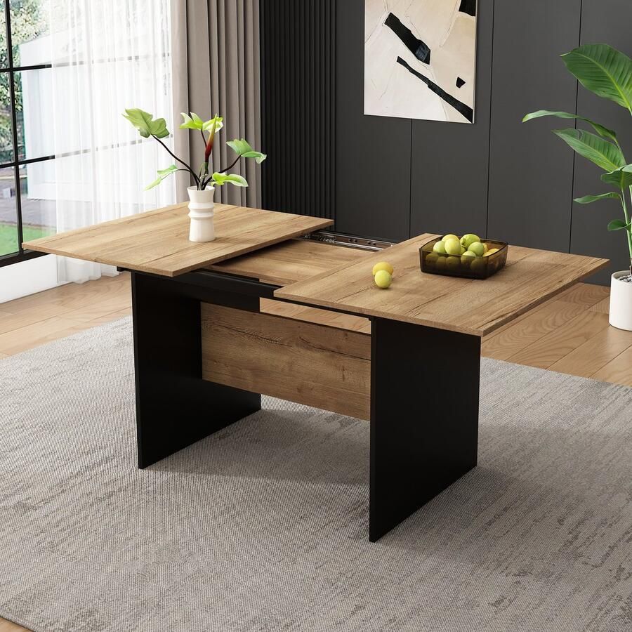 Sweiko Uitschuifbare eettafel 140 180*80 cm geschikt voor 4-6 personen houtnerf Rechthoekige eettafel eenvoudige stijl natuurlijke kleur