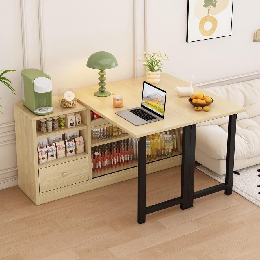 Sweiko Uitschuifbare eettafel met opbergruimte moderne eettafel met extra grote opbergkast 360° draaibaar naturel + zwart