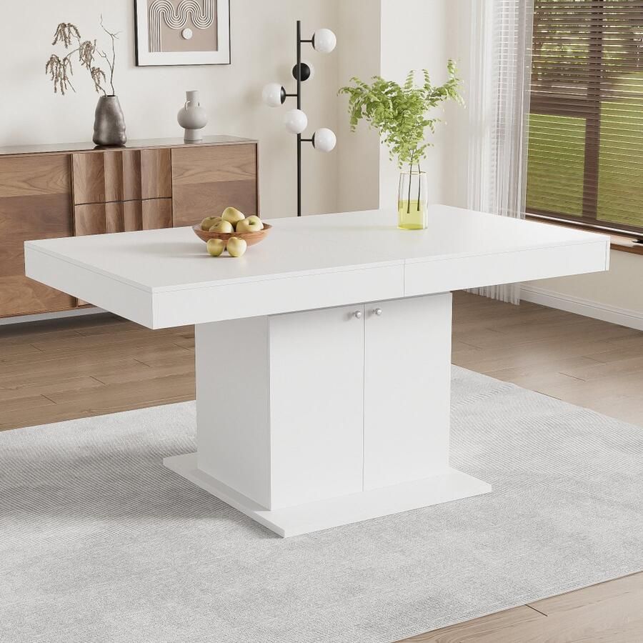 Sweiko Uittrekbare Eettafel L140 180*W80*H76cm Eettafel met opbergruimte Rechthoekige eettafel Koffievrijetijdstafel Ruimtebesparende multifunctionele eettafel Automatische telescopische tafel Wit