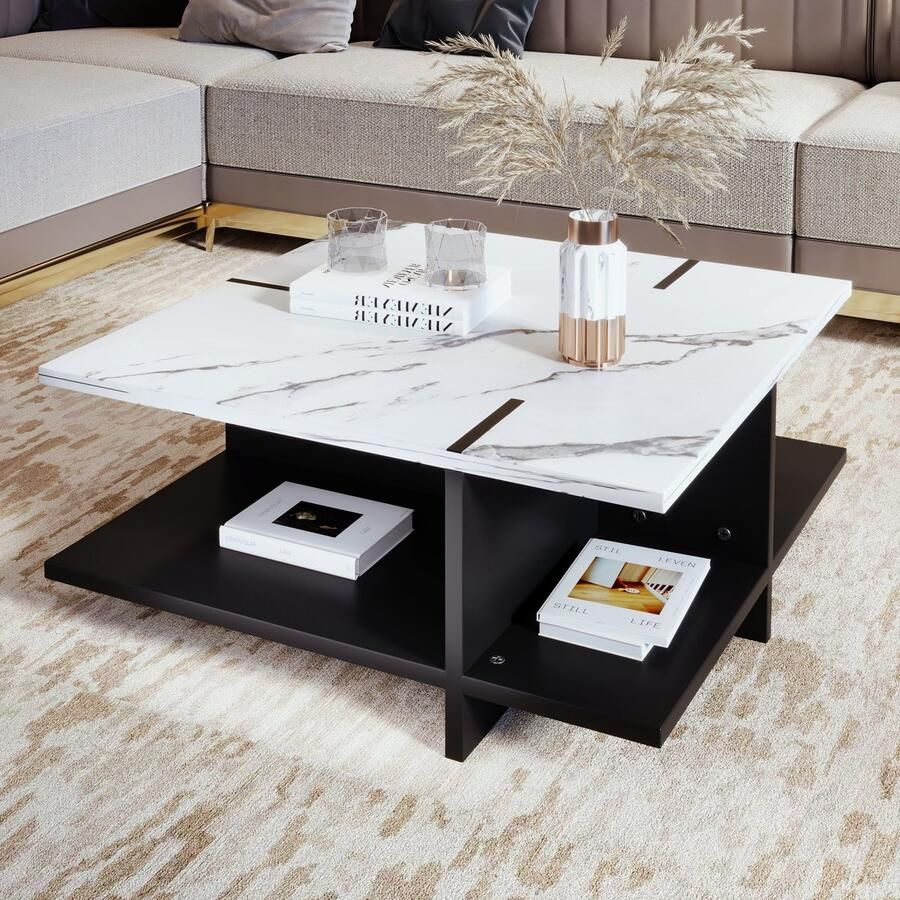 Sweiko Vierkante salontafel MDF marmeren decoratief tafelblad Eenvoudig zwart-wit ontwerp