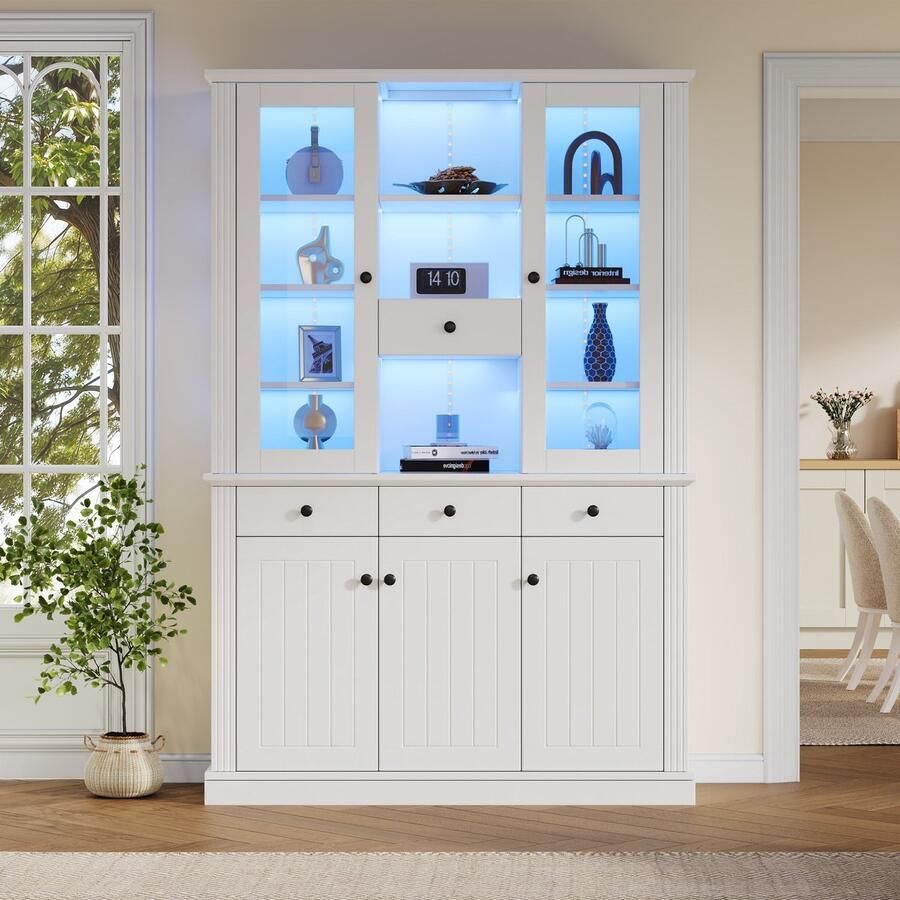 Sweiko Vitrinekast 119.5 × 40 × 180 cm 4 laden LED-verlichting Meerdere opbergvakken MDF Wit