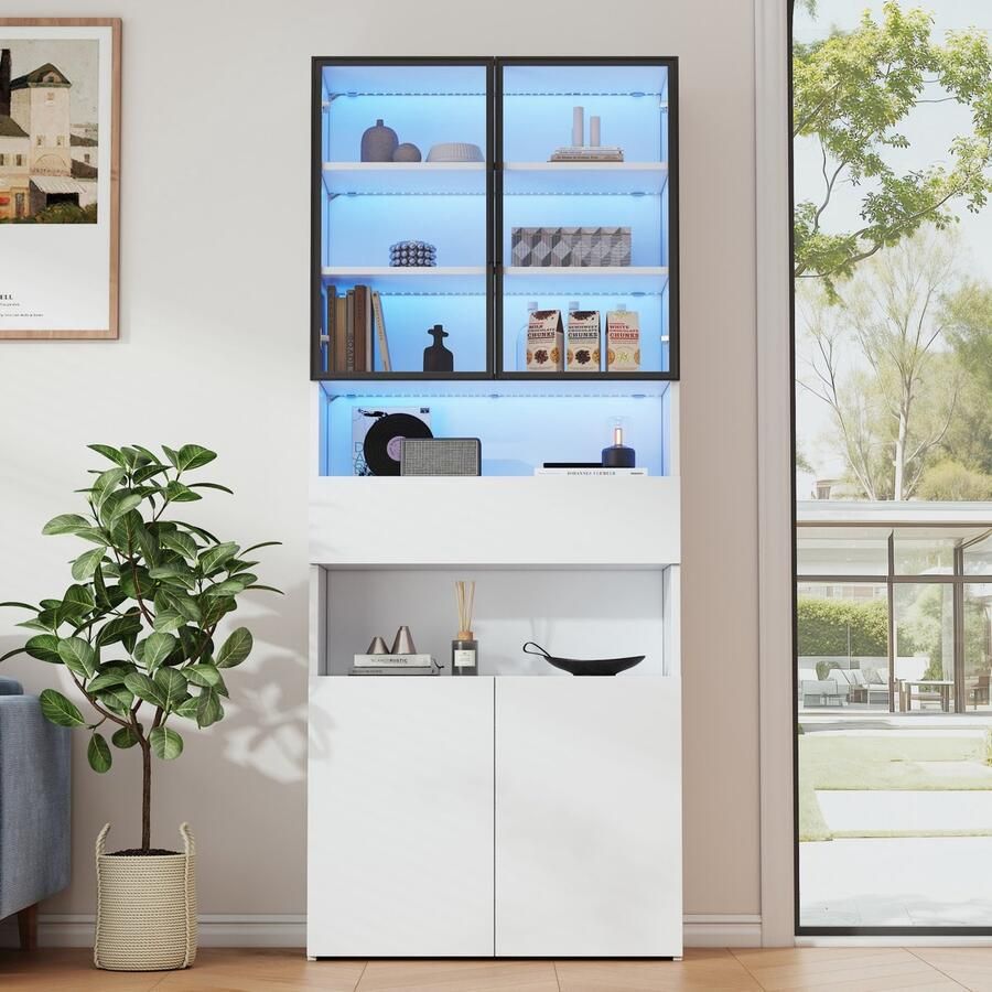 Sweiko Vitrinekast 70 x 30 x 200 cm Met laden Glazen deuren LED-verlichting Boekenkast Wit