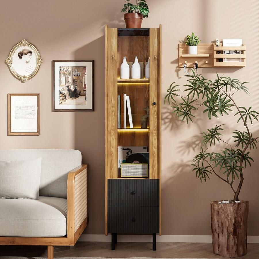 Sweiko Vitrinekast Hoge kast Glazen deur Gele LED verlichting 2 laden Natuurlijk + Zwart