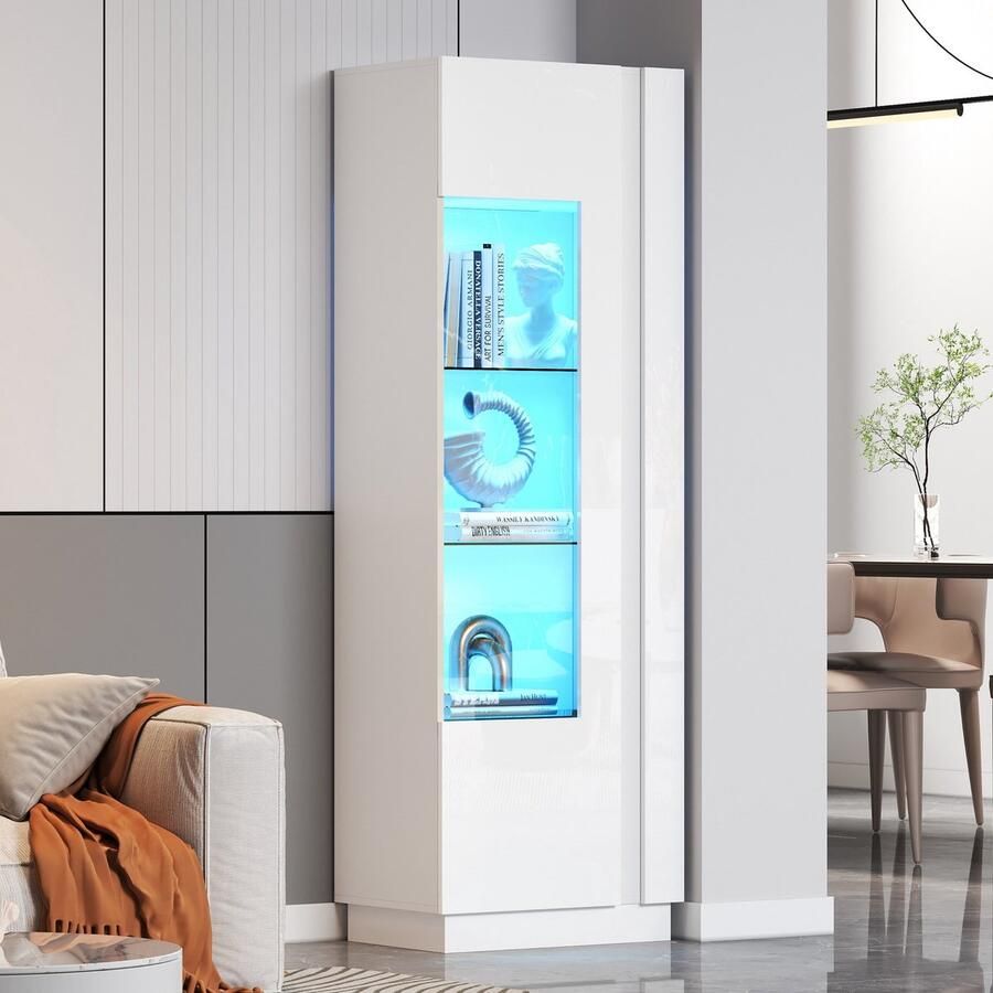 Sweiko Vitrinekast Hoogglans Acryldeuren LED-verlichting 3 glazen planken Wit
