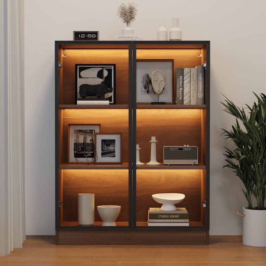 Sweiko Vitrinekast met LED-verlichting verzamelkast multifunctionele verticale vitrinekast met 4 planken houten opbergkast 80*32*106 cm - Foto 2