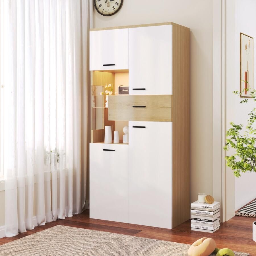 Sweiko Vitrinenkast hoogglans moderne vitrinekast met LED verlichting kast 150 hoog x 78 B x 40 T cm multifunctionele planken grote opbergruimte glazen planken meubels met glazen deuren