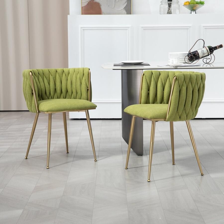 Sweiko Vrije Tijd Eetkamerstoel Sofa stoel Linnen Zachte kussen lounge stoel (ijzeren voeten) 2 stuks set Geweven ontwerp Olijfgroen (kleur)