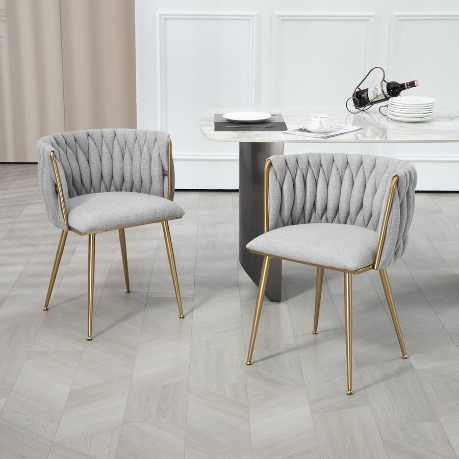 Sweiko Vrije Tijd Eetkamerstoel Sofa stoel Linnen Zachte kussen lounge stoel (ijzeren voeten) 2 stuks set Geweven ontwerp Lichtgrijs