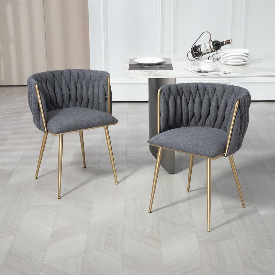 Sweiko Vrije Tijd Eetkamerstoel Sofa stoel Linnen Zachte kussen lounge stoel (ijzeren voeten) 2 stuks set Geweven ontwerp Grijs