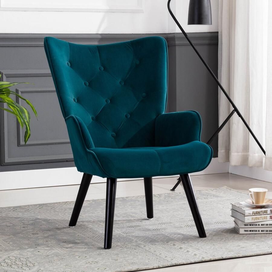 Sweiko Vrije Tijd Stoel Woonkamer Slaapkamer Moderne Vrije tijd stoel fauteuil Fluwelen stof massief houten frame Pauw blauw