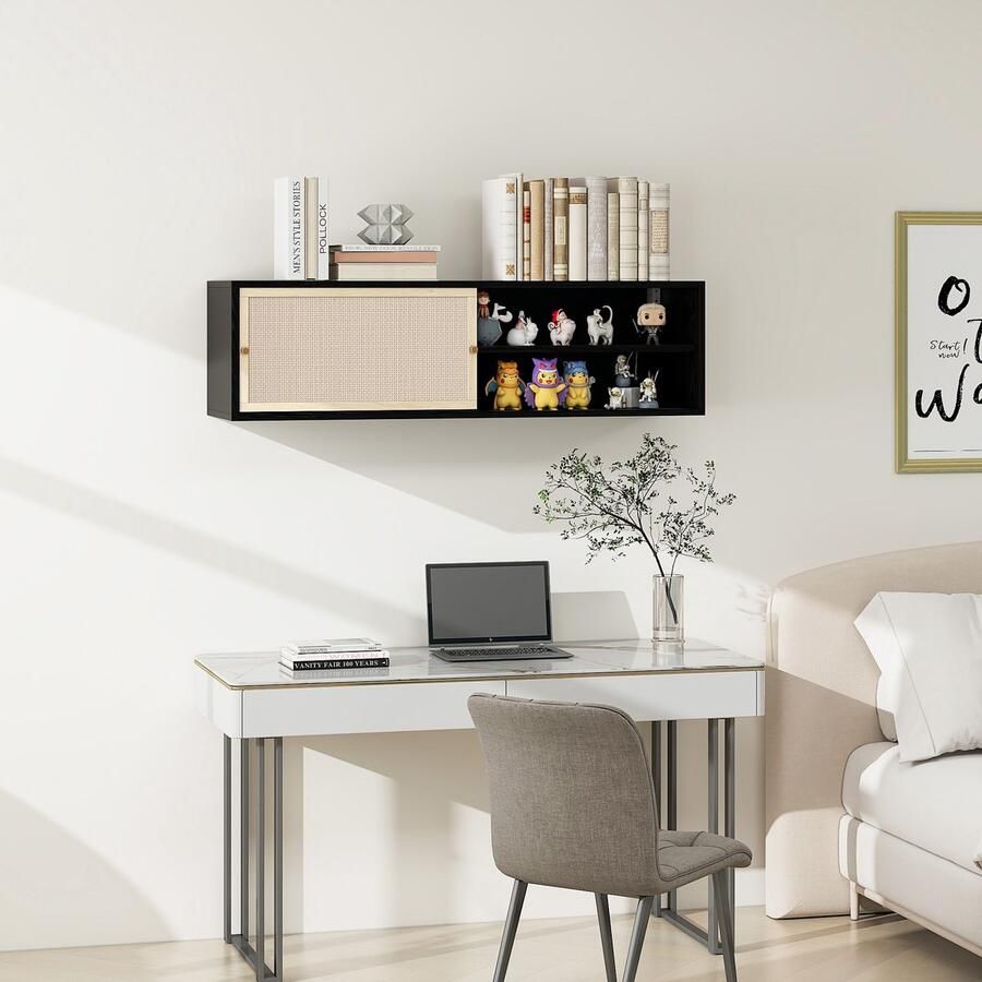 Sweiko Wandkast Nachtkastje Rieten schuifdeur 110x40x31 cm Zwart