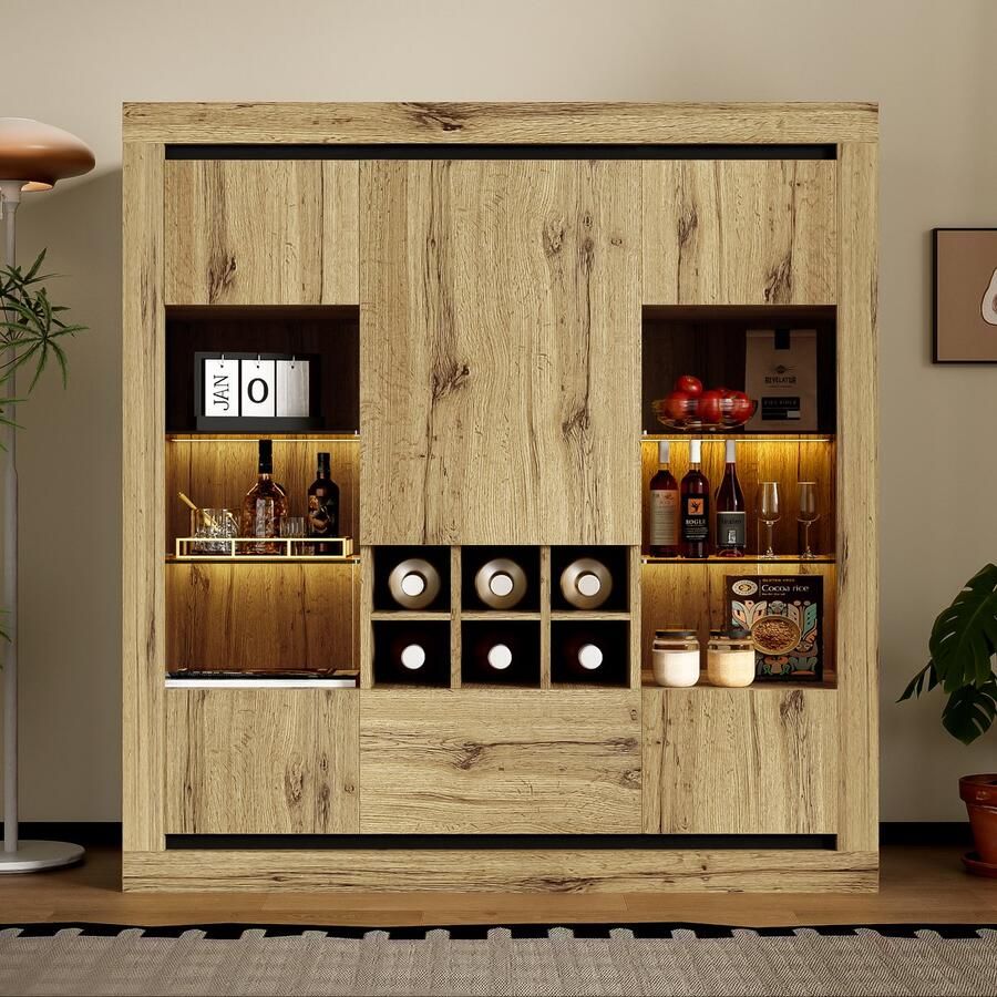 Sweiko Wijnkast Multifunctionele Houten Bestekkast met LED Verlichting Verstelbare Glazen plank laden en wijnrek Natuurlijke kleur