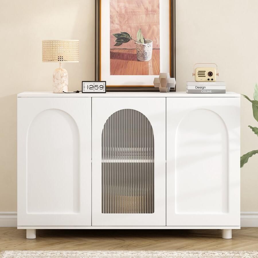 Sweiko Wit U-vormig dressoir met glazen deuren en terugliggend design voor keuken woonkamer en eetkamer