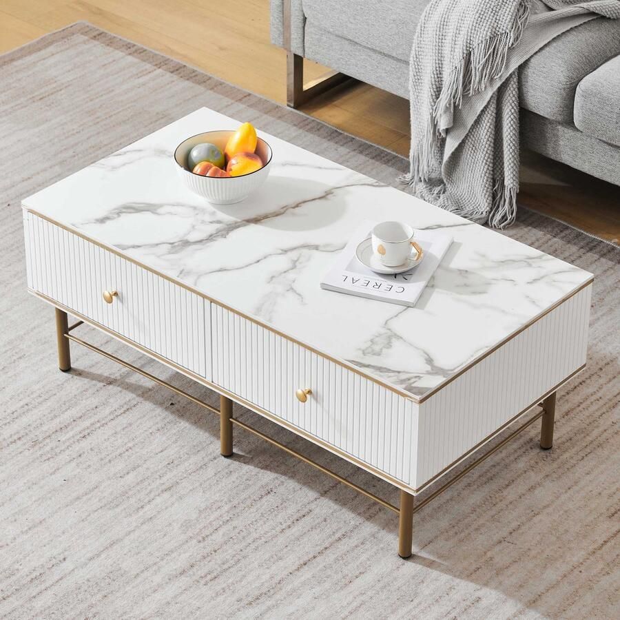Sweiko Witte hoge glans marmeren vernissalontafel Moderne woonkamer tafel met 4-laden Rechthoekige hoge glans salontafel 105*55*42.5cm